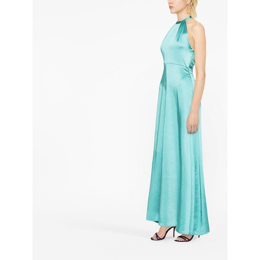Pinko La Rioja Hammered Satin Gown Teal Green Halter Open Back Maxi Dress